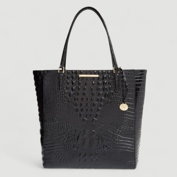 BRAHMIN XL Croc Top Handle Tote Black Leather Shoulder Bag Travel Minimalist - Picture 1 of 16